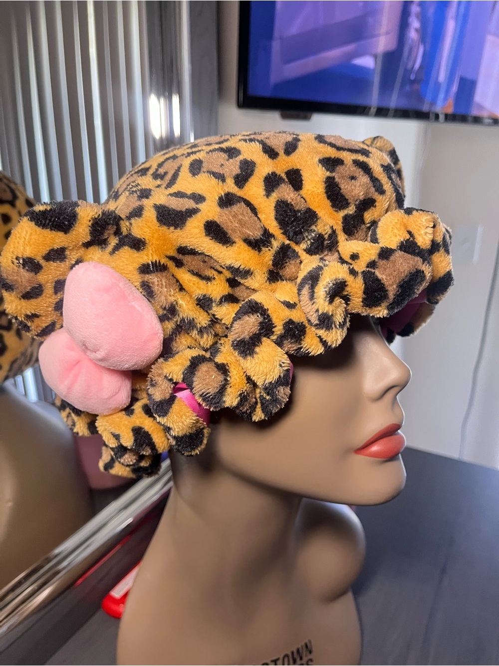 Leopard Print Teddy Bear Bonnet with Pink Bow